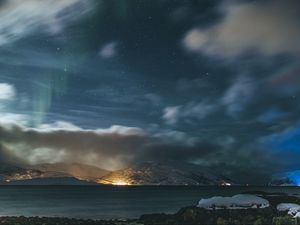 Preview wallpaper mountains, clouds, starry sky, night, aurora, landscape