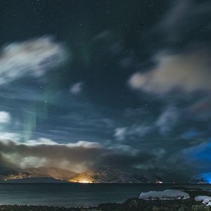 Preview wallpaper mountains, clouds, starry sky, night, aurora, landscape