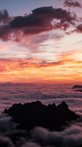 Preview wallpaper mountains, clouds, sunset, fog, dark