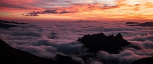 Preview wallpaper mountains, clouds, sunset, fog, dark