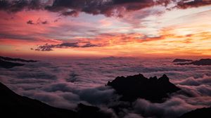 Preview wallpaper mountains, clouds, sunset, fog, dark