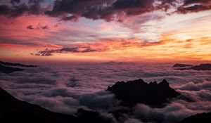 Preview wallpaper mountains, clouds, sunset, fog, dark