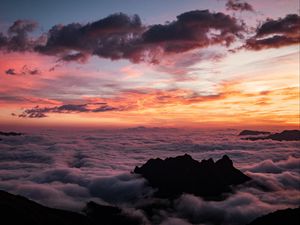 Preview wallpaper mountains, clouds, sunset, fog, dark