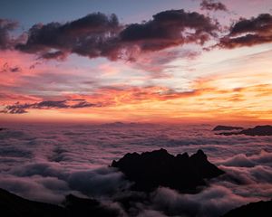 Preview wallpaper mountains, clouds, sunset, fog, dark