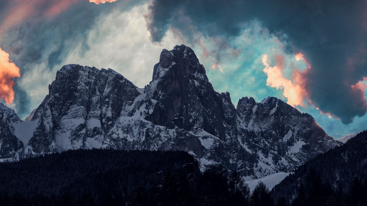 Wallpaper mountains, clouds, trees, snow