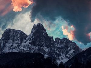Preview wallpaper mountains, clouds, trees, snow