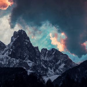 Preview wallpaper mountains, clouds, trees, snow