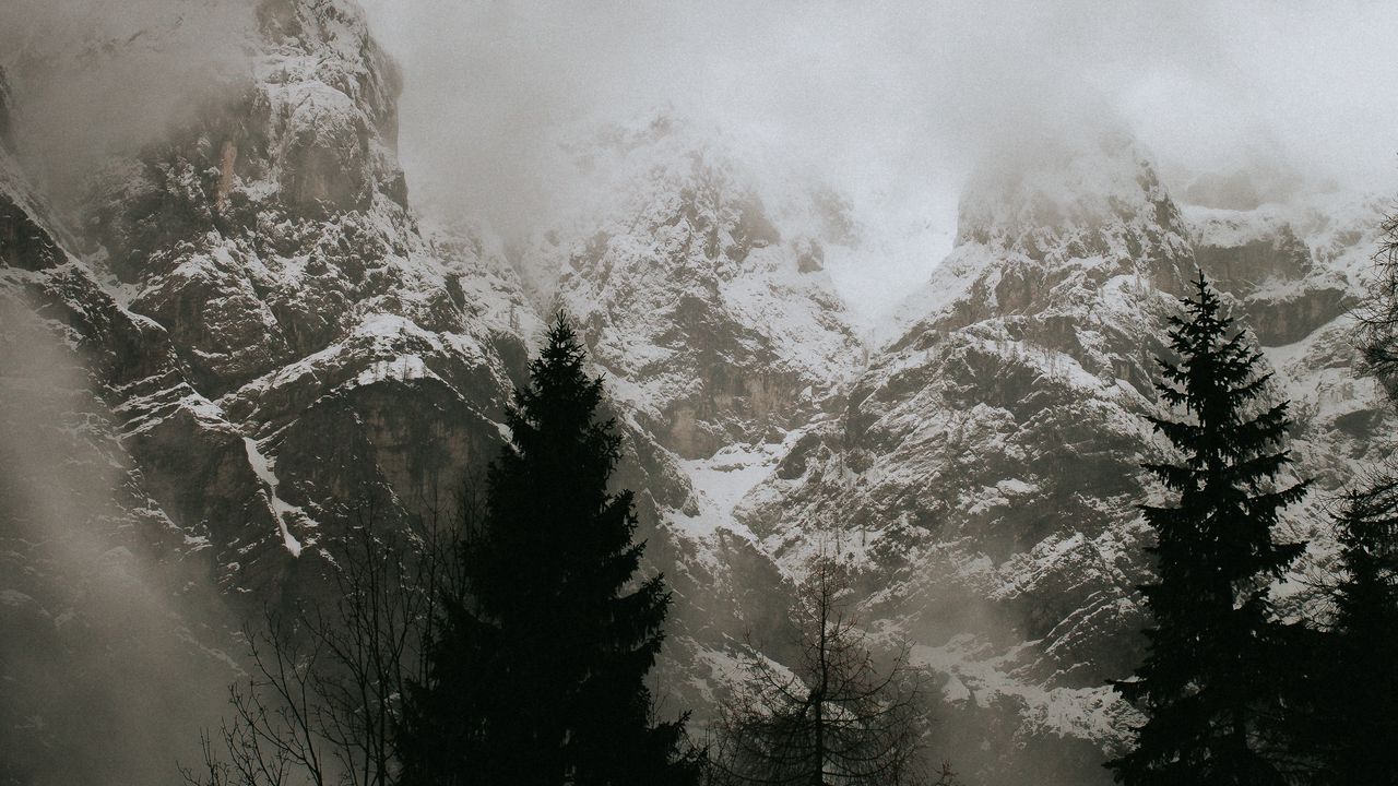 Wallpaper mountains, clouds, trees, snow, landscape