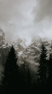 Preview wallpaper mountains, clouds, trees, snow, landscape