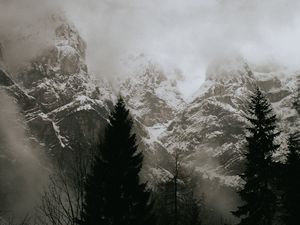 Preview wallpaper mountains, clouds, trees, snow, landscape