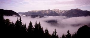 Preview wallpaper mountains, clouds, trees, landscape, high