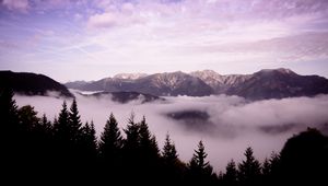 Preview wallpaper mountains, clouds, trees, landscape, high