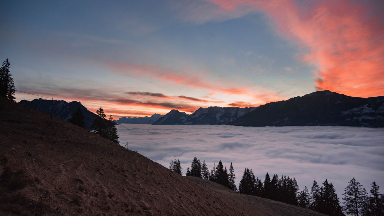 Wallpaper mountains, clouds, trees, dusk, sunset, landscape hd, picture ...