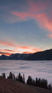 Preview wallpaper mountains, clouds, trees, dusk, sunset, landscape