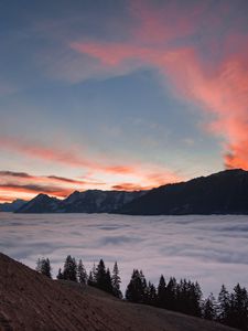 Preview wallpaper mountains, clouds, trees, dusk, sunset, landscape