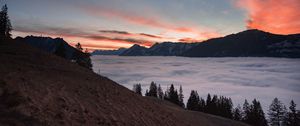 Preview wallpaper mountains, clouds, trees, dusk, sunset, landscape