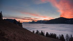 Preview wallpaper mountains, clouds, trees, dusk, sunset, landscape