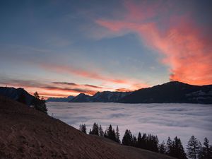 Preview wallpaper mountains, clouds, trees, dusk, sunset, landscape