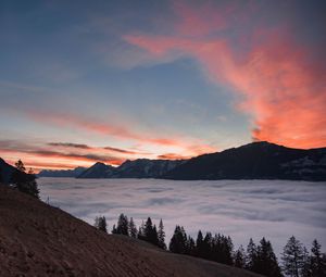 Preview wallpaper mountains, clouds, trees, dusk, sunset, landscape