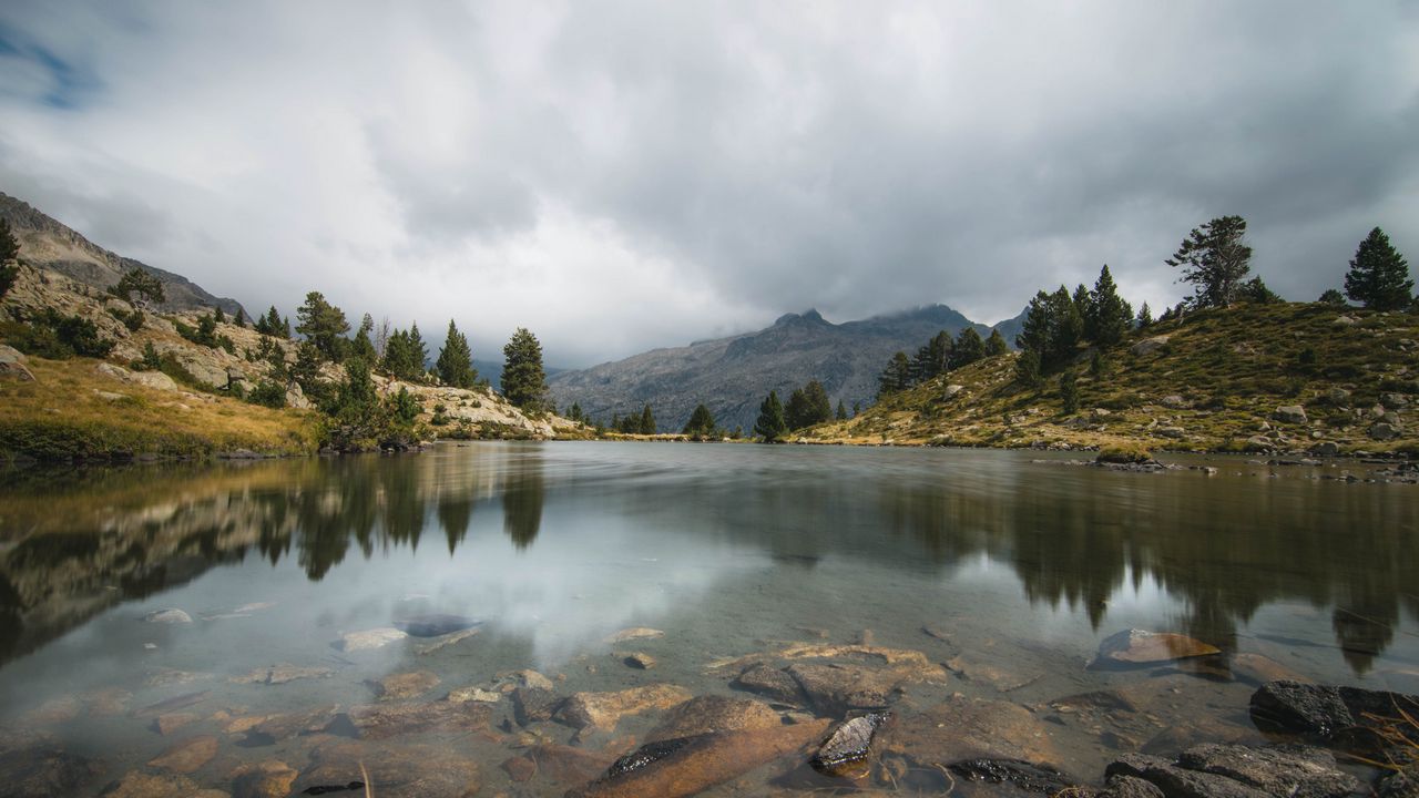 Wallpaper mountains, clouds, trees, lake, nature