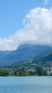 Preview wallpaper mountains, clouds, trees, lake, nature, landscape