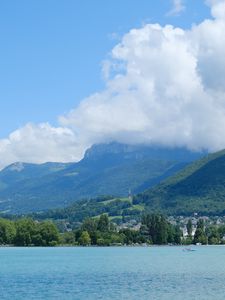 Preview wallpaper mountains, clouds, trees, lake, nature, landscape