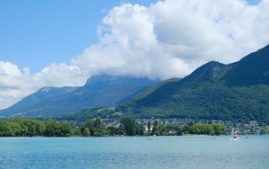 Preview wallpaper mountains, clouds, trees, lake, nature, landscape