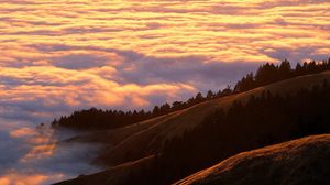 Preview wallpaper mountains, clouds, trees, coniferous