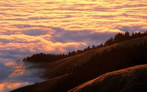 Preview wallpaper mountains, clouds, trees, coniferous