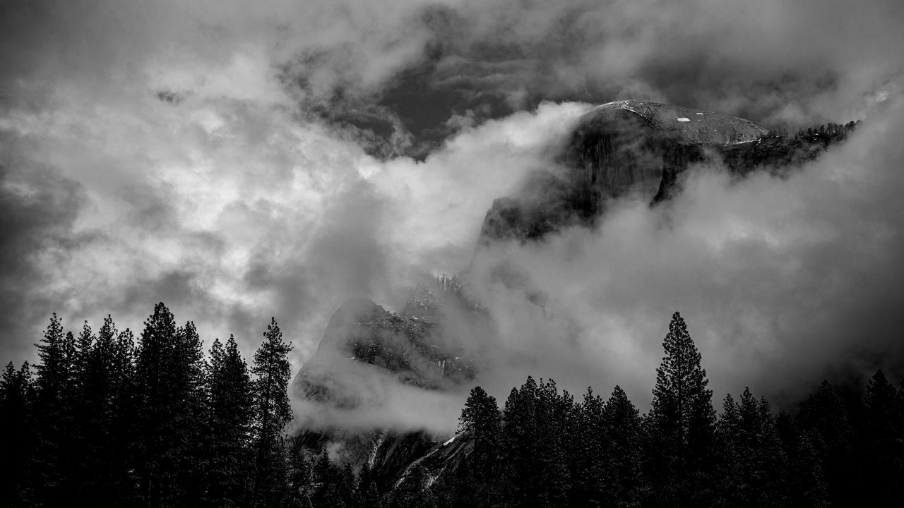 Wallpaper mountains, clouds, trees, black and white, landscape