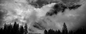 Preview wallpaper mountains, clouds, trees, black and white, landscape