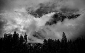 Preview wallpaper mountains, clouds, trees, black and white, landscape