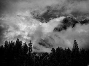 Preview wallpaper mountains, clouds, trees, black and white, landscape