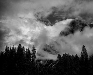Preview wallpaper mountains, clouds, trees, black and white, landscape