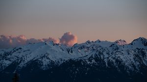 Preview wallpaper mountains, clouds, twilight, landscape, peaks, snowy