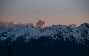 Preview wallpaper mountains, clouds, twilight, landscape, peaks, snowy