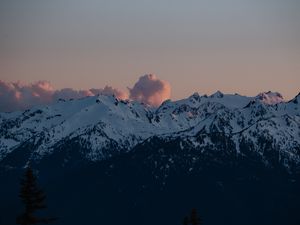 Preview wallpaper mountains, clouds, twilight, landscape, peaks, snowy