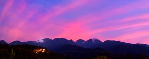 Preview wallpaper mountains, clouds, village, light, sky, aerial view