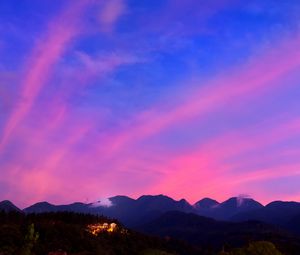 Preview wallpaper mountains, clouds, village, light, sky, aerial view