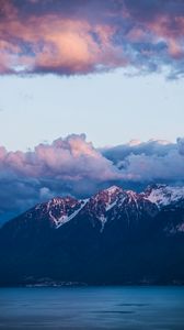Preview wallpaper mountains, clouds, water, coast, landscape