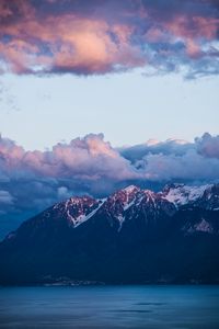 Preview wallpaper mountains, clouds, water, coast, landscape