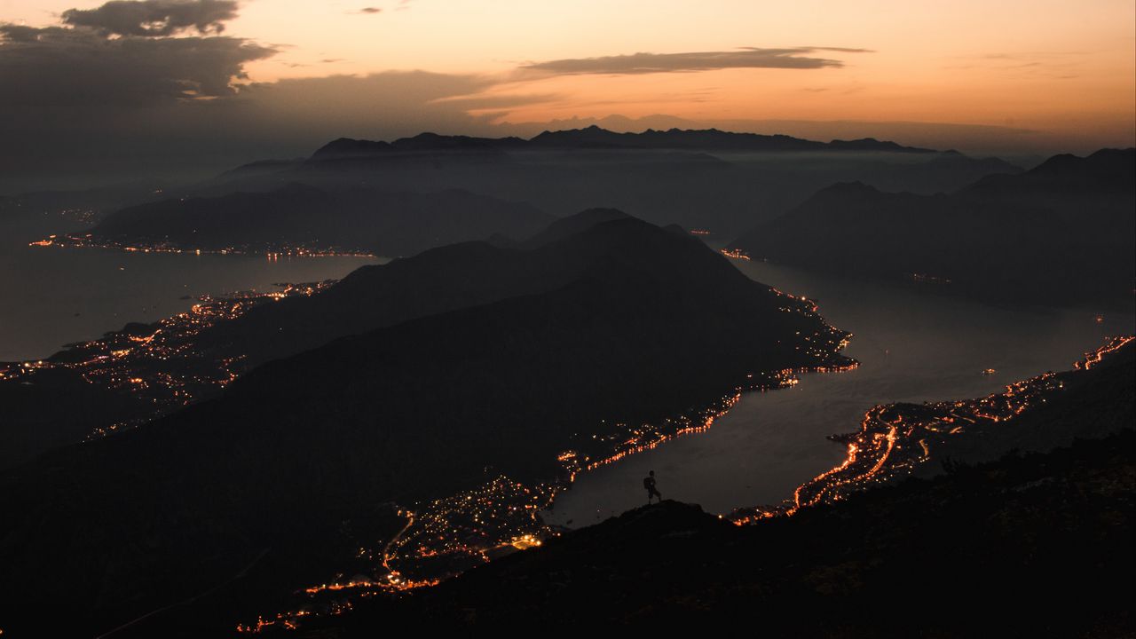 Wallpaper mountains, coast, aerial view, city, night, lights