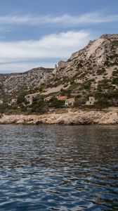 Preview wallpaper mountains, coast, houses, sea, nature