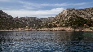 Preview wallpaper mountains, coast, houses, sea, nature