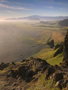 Preview wallpaper mountains, coast, ocean, greens, sand