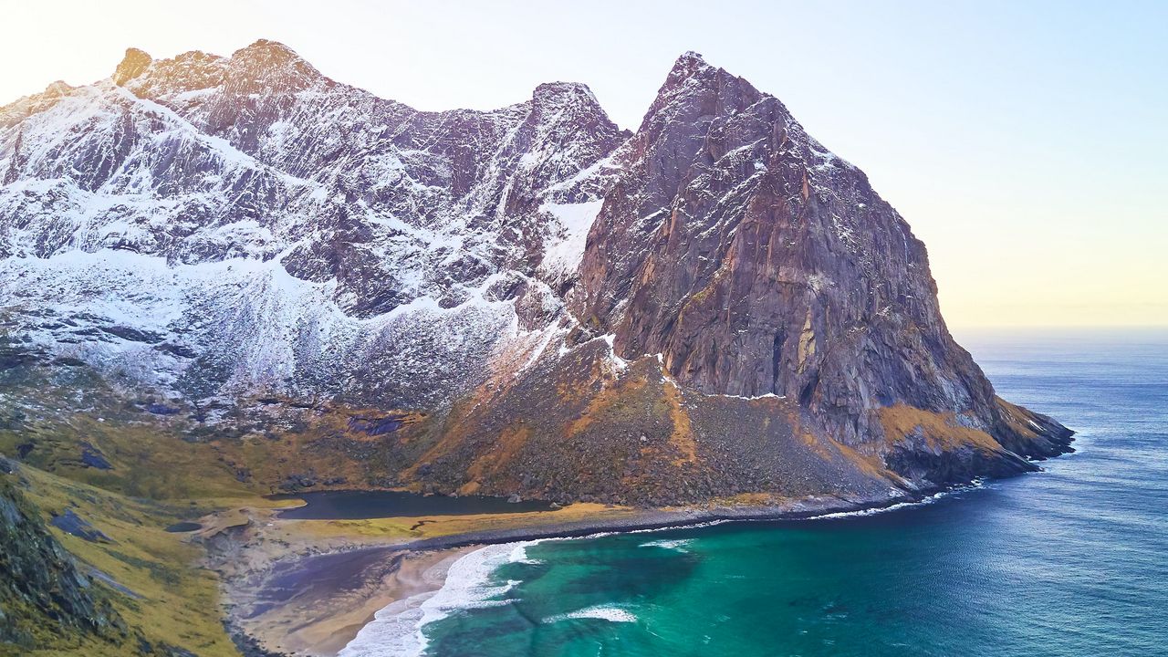 Wallpaper mountains, coast, sea, snow, snowy