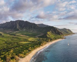 Preview wallpaper mountains, coast, sea, water, nature, aerial view