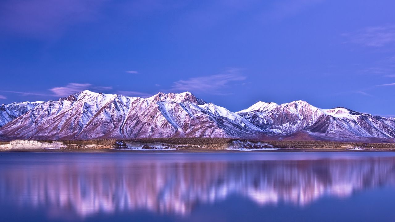 Wallpaper mountains, coast, snow-covered, reflection, sky, blue
