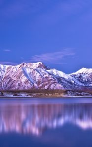 Preview wallpaper mountains, coast, snow-covered, reflection, sky, blue