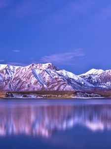 Preview wallpaper mountains, coast, snow-covered, reflection, sky, blue